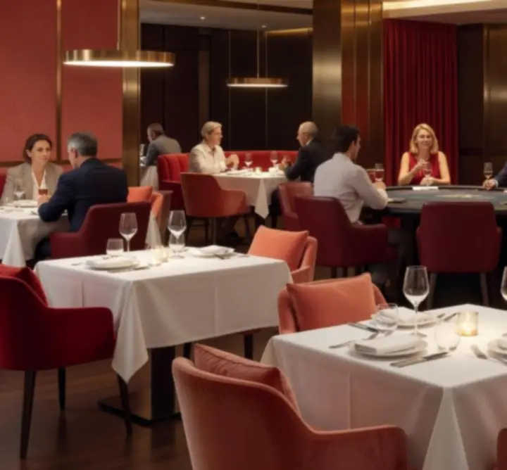 Modern éttermi enteriőr integrált pókerasztallal és társalgó vendégekkel
