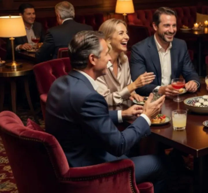 Társasági pillanat vendégek között egy modern lounge-ban